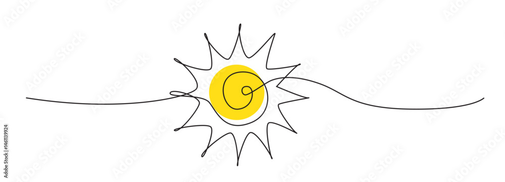 One line sun vector icon. Continuous sunshine outline, sunrise doodle, summer line illustration