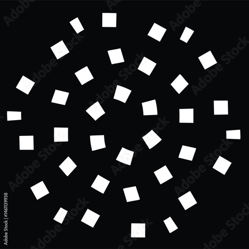 An abstract design featuring white squares scattered across a black background, creating a geometric and modern visual effect, perfect for contemporary art or design projects.