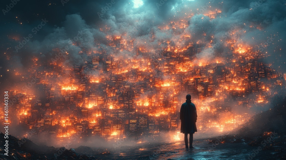 Man stands, watching a burning city consumed by raging inferno and smoke Man stands, watching a burning city consumed by raging inferno and smoke