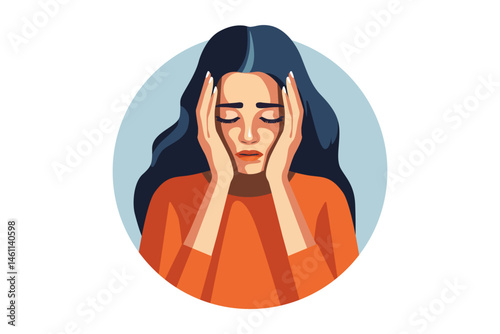 Woman holding her head with a concerned expression in a modern illustration style. Woman in depression. Concept of mental disorder, affliction, sorrow and anxiety.