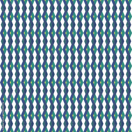 A seamless geometric pattern featuring interlocking diamond shapes in blue, green, and yellow hues. The bold, modern design is perfect for textiles, pattern abstract, pattern, adding a stylish.