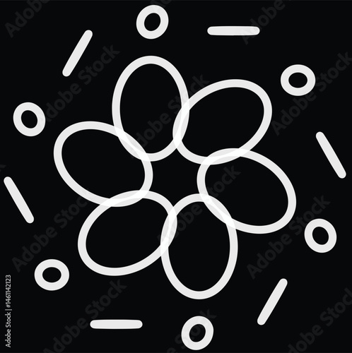 Abstract geometric illustration displaying interwoven white ovals with circular and linear accents. Contrasting elements evoke modern design and creativity.