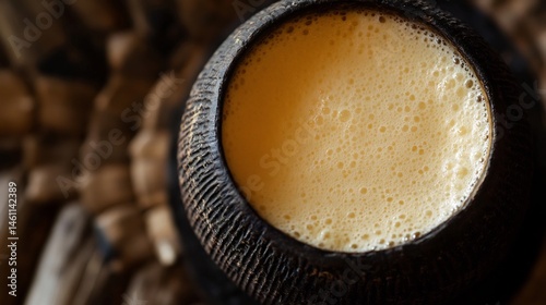Natural view of Gabonese palm wine served traditional gourd soft golden color frothy top resting textured black surface popular local beverage enjoyed social gathering cut out isolated transparent
