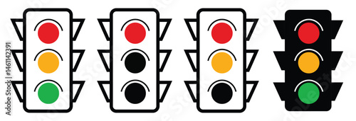 Traffic light icon set. Stoplight sign. Collection of traffic light signs. Traffic control light with green, white, yellow and red
