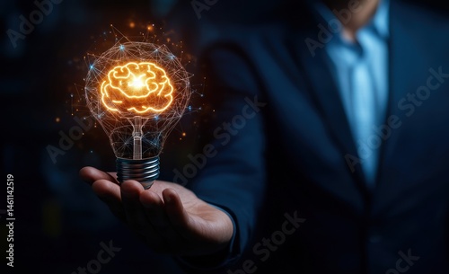 A hand holds a glowing lightbulb with a brain graphic, symbolizing innovation