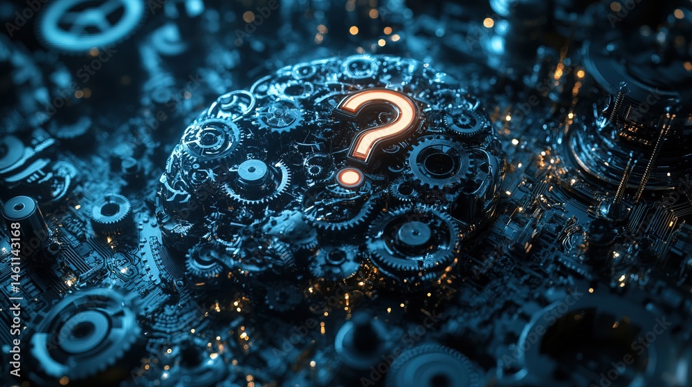 Abstract representation of a business brain with gears and a question mark, neon blue background Abstract representation of a business brain with gears and a question mark, neon blue background