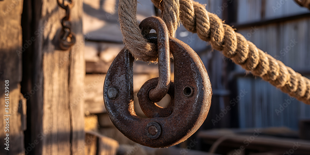 Close-Up of Rusted Pulley Hook and Rope on Wooden Structure at Sunset