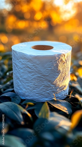 A roll of toilet paper resting amongst autumn leaves in the sunlight.