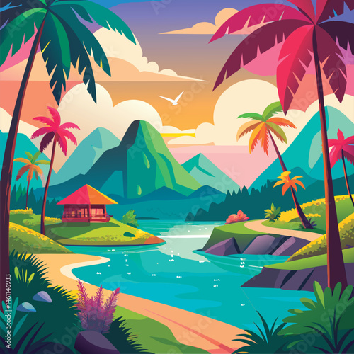 Vector illustration of a Tropical paradise getaway scene.