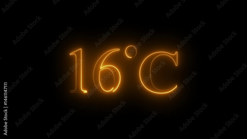 Glowing neon digital temperature display showing 16°C on black background Glowing neon digital temperature display showing 16°C on black background