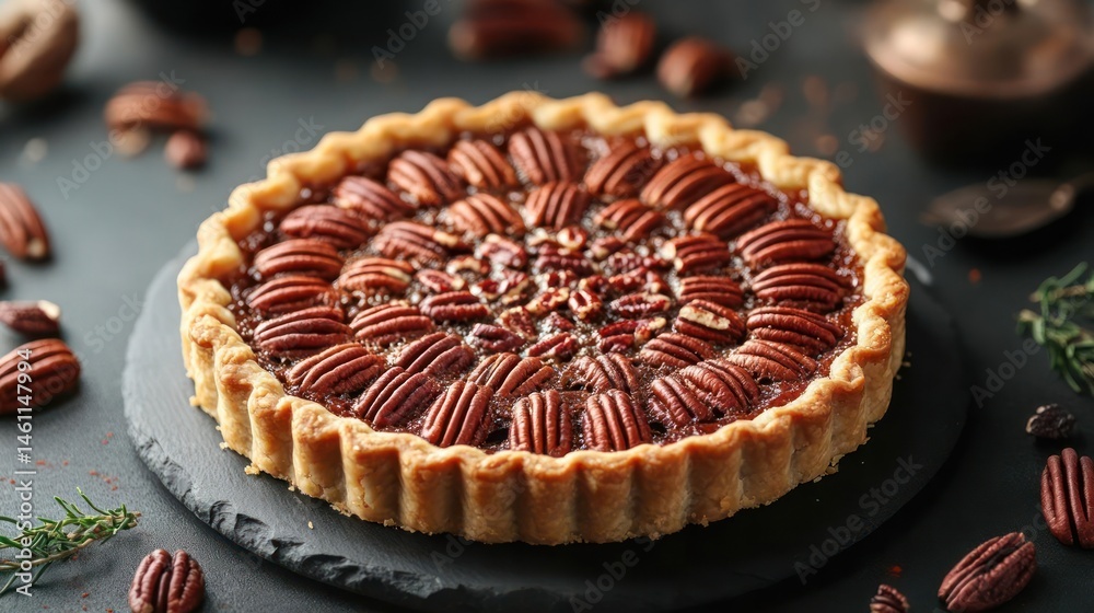 Delicious pecan pie with a flaky crust and rich filling. Delicious pecan pie with a flaky crust and rich filling.