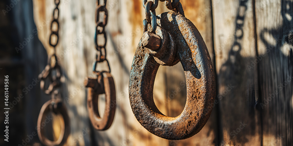 Rusty Industrial Metal Hooks and Chains Hanging on Aged Wooden Wall