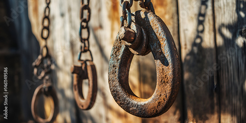 Obraz na płótnie Rusty Industrial Metal Hooks and Chains Hanging on Aged Wooden Wall w salonie
