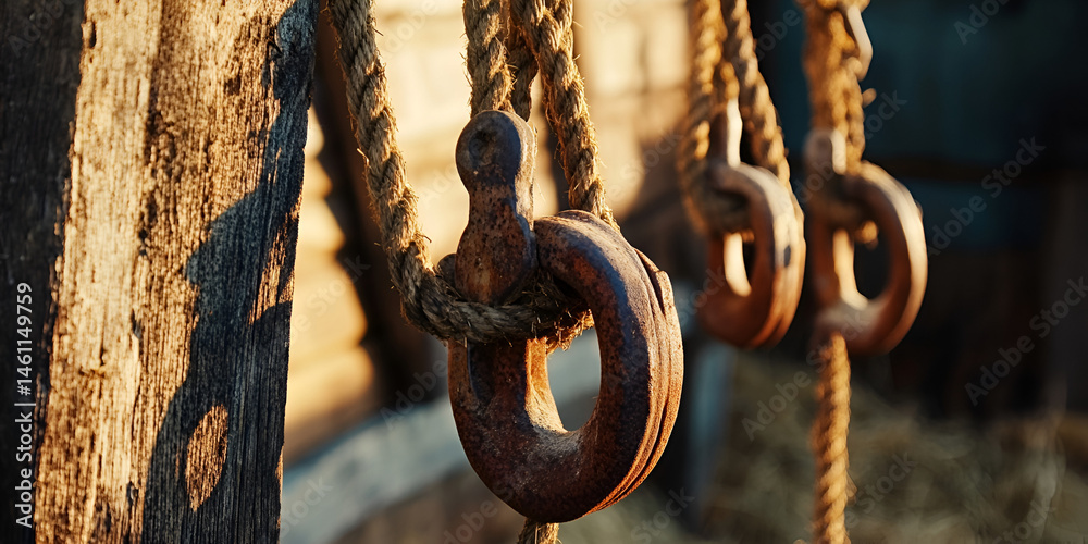 Old Nautical Rope and Wooden Pulley Rings on Historic Ship