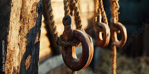 Obraz na płótnie Old Nautical Rope and Wooden Pulley Rings on Historic Ship w salonie