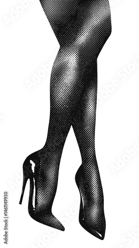 Vintage Punk Style Female Legs in Heels with Halftone Texture and Grunge Collage Element