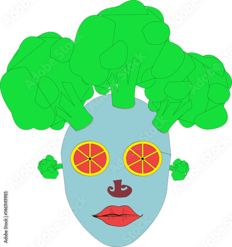 A whimsical vegetarian face featuring broccoli for hair and ears, citrus slices for eyes, and a mushroom nose, creating a fun and playful character.