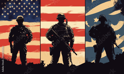 Veterans Day Illustration with American Flag and Soldier Silhouette in Minimalist Vector