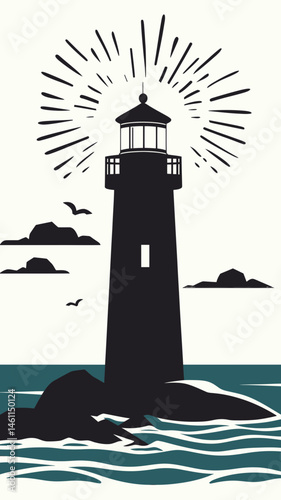 Minimalist Lighthouse Silhouette with Beacon on Ocean Island Vector Art
