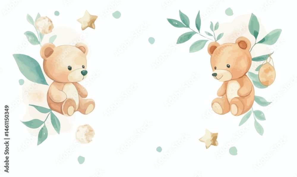Fototapeta premium Minimalist Baby Shower Invitation Watercolor Teddy Bear Design for Newborn Celebration