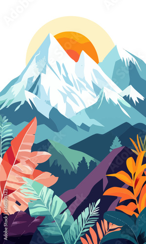 Minimalist Vector Art of Everest with Colorful Botanical Elements and Sun