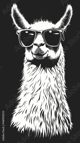 Stylish Llama with Sunglasses Vector Art Black and White Outline Illustration