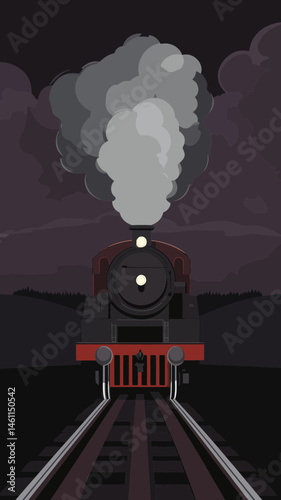 Vintage Steam Locomotive Vector Illustration with Smoky Night Sky - Classic Train Design for Transport Enthusiasts
