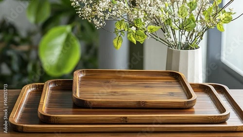 Wooden serving trays, various sizes, on a table, with a vase of flowers in the background