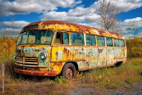 Rusty vintage bus abandoned in a field