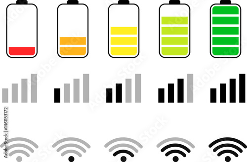 Wifi  battery icon. Status bar symbol. Battery indicator symbols. Energy power accumulator. Mobile Data Notification Bar