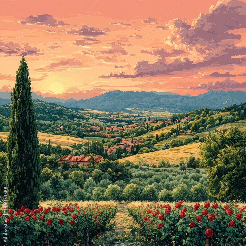 Naklejka premium Colorful sunset view over rolling hills and village.