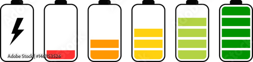 battery charge level icon. low to full level status indicator with charging. Energy power accumulator. UI design battery elements