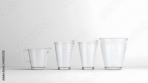 Clear plastic cups  pitcher on white.
