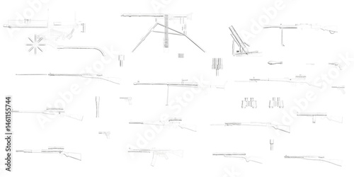 A series of drawings of guns and other weapons. The drawings are all in black and white and are very detailed. Scene is serious and somewhat ominous. Side view