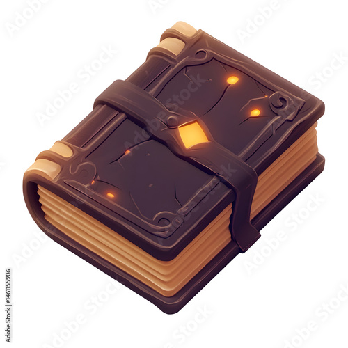 3D brown magical spellbook with gold corners and mystical aura.