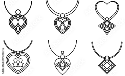 Stylish Black Line Art Necklace Designs on a white background
