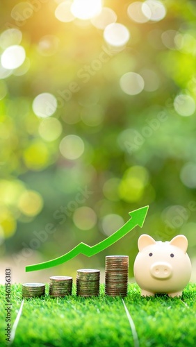 A vibrant piggy bank sits atop a wooden table, surrounded by shiny coins scattered around it. An upward-pointing arrow, symbolizing growth, is placed beside it. photo