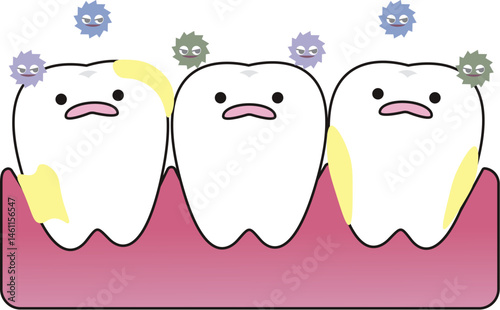 汚れとばい菌で歯周病になってしまった歯肉と歯のコミカルなイラスト