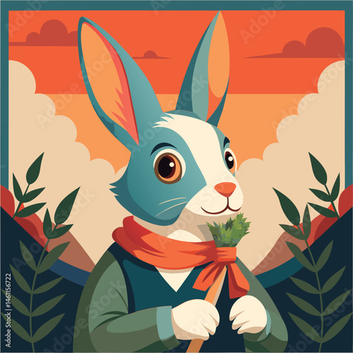 Cute bunny holding a treat at sunset.