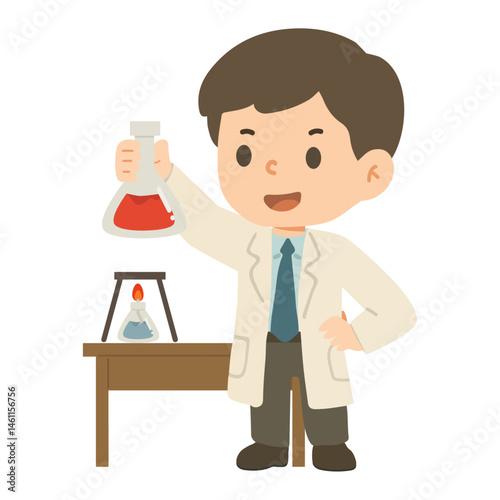 Cartoon Scientist Holding Flask in Laboratory