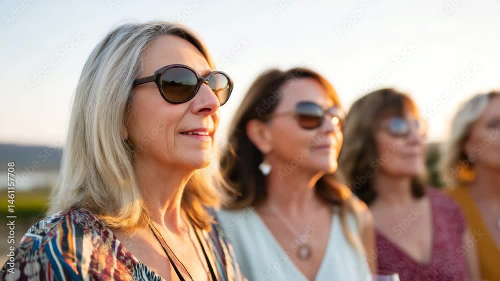 A serene moment featuring a group of women admiring a picturesque sunset, embracing camaraderie and connection in an outdoor setting filled with warmth and tranquility. A serene moment featuring a group of women admiring a picturesque sunset, embracing camaraderie and connection in an outdoor setting filled with warmth and tranquility.