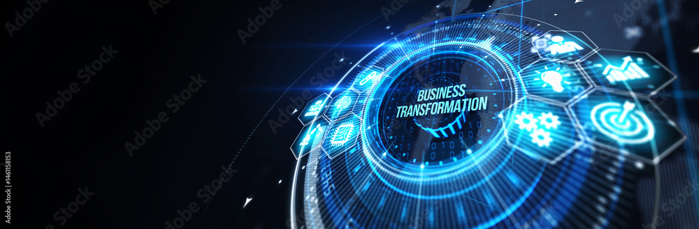 Business, technology, internet and network concept. Virtual screen of the future and sees the inscription: Business transformation. 3d illustration