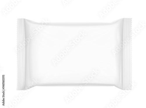 Realistic flow pack mockup. Front view. Vector illustration isolated on white background. Can be use for your design, promo, adv and etc. EPS10.