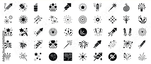 Set of fireworks and pyrotechnics icons in black and white