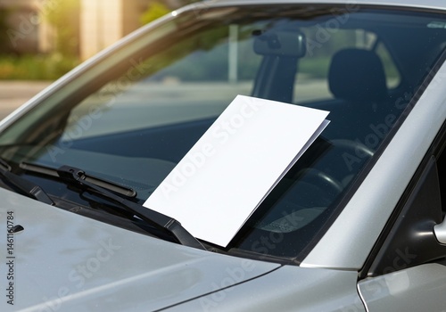 Blank white paper mockup on car. Car windshield parking ticket fine notice violation automotive transport document paper
