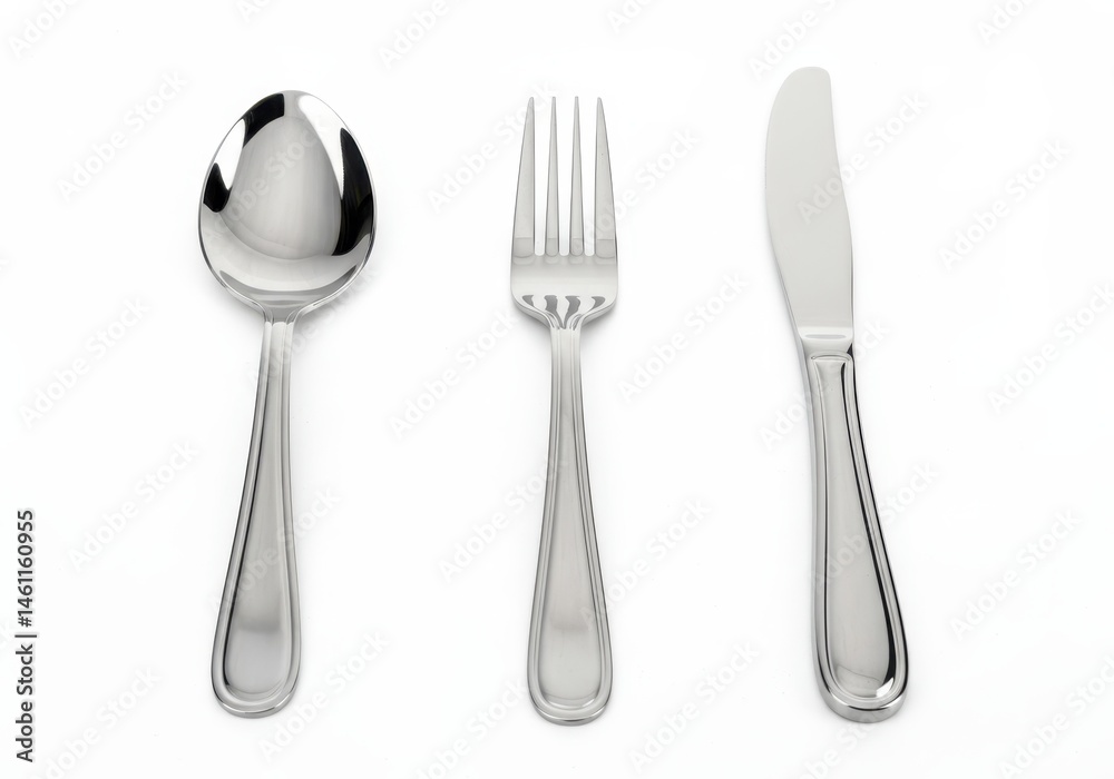 Fototapeta premium Arrangement of cutlery including spoon fork and knife on white surface