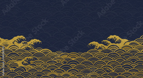 金の波しぶきと青海波の和風背景・伝統文様・高級デザイン、コピースペースあり、japanese style, brush texture, japanese traditional pattern, washi paper, ukiyo-e style waves