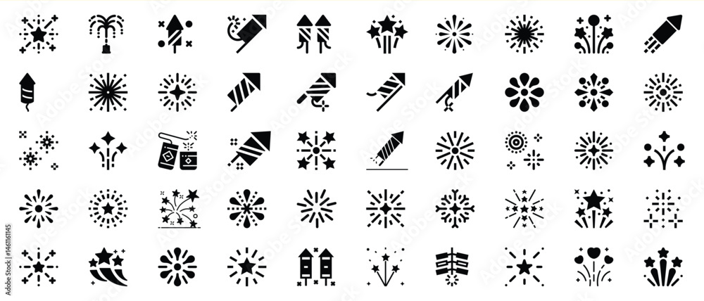 Fototapeta premium Black and white fireworks icons set for festive celebrations