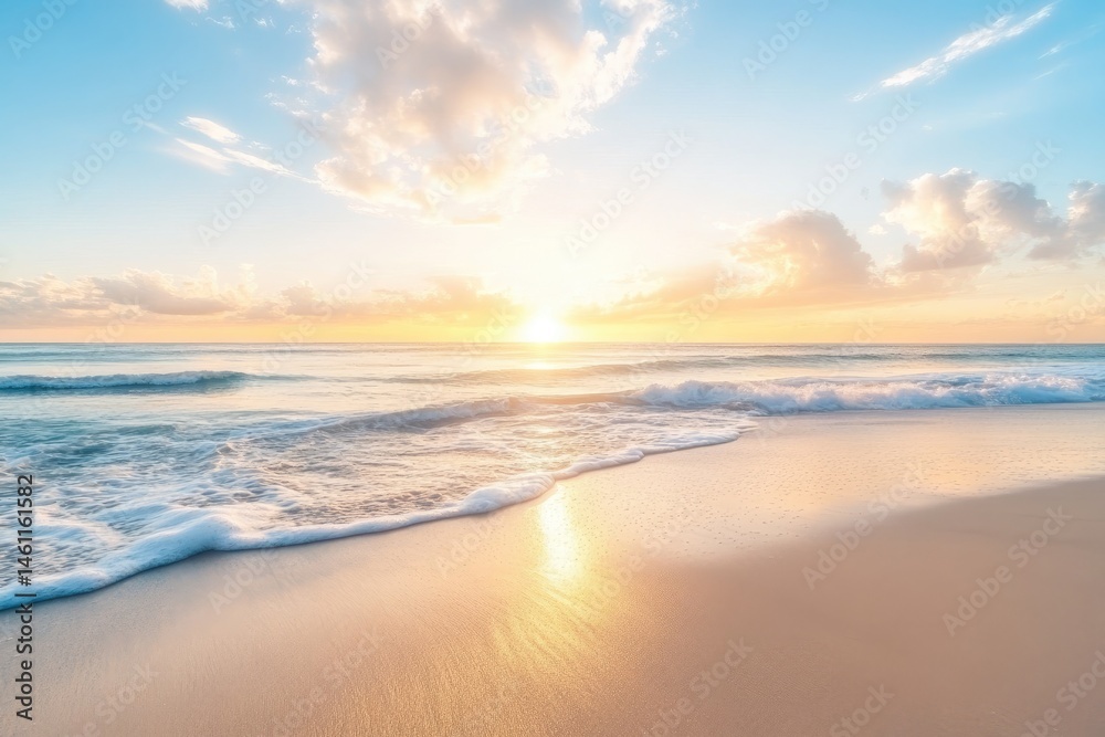 Sunrise over a serene beach. Gentle waves lap at the shore Sunrise over a serene beach. Gentle waves lap at the shore