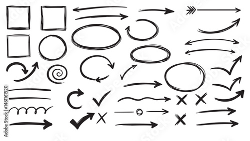 Curved arrows check signs and shapes hand sketched for casual art and educational use
